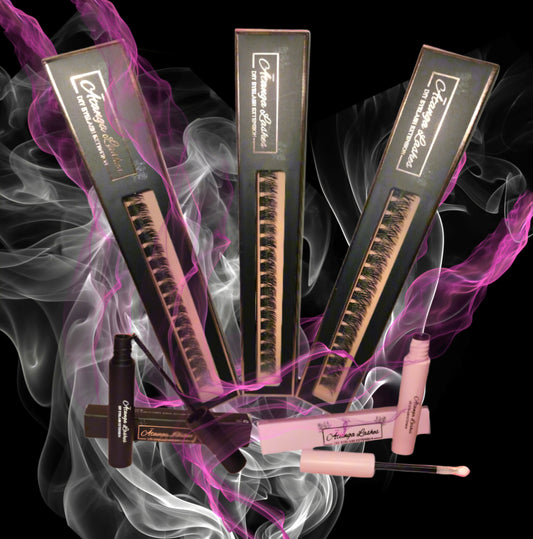 Set of false eyelashes with packaging and applicators on a black background with smoke effects.
